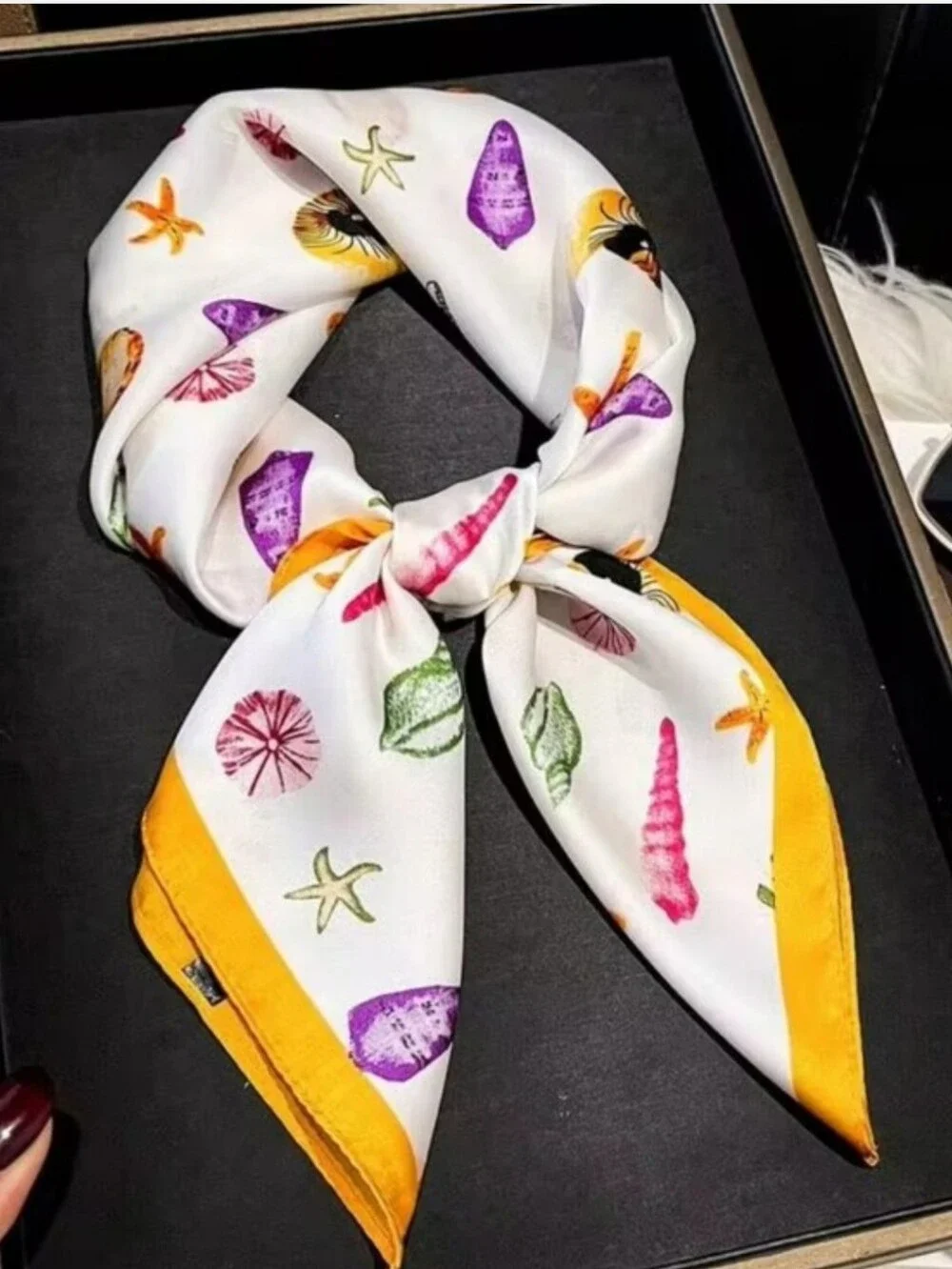 Silk-feel Seashell Print Square Scarf with Yellow Border Head & Neck Scarf
